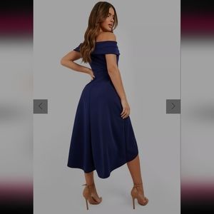 Boohoo Off The Shoulder Dip Hem Skater Dress Blue Size 12